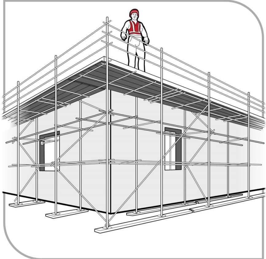 Perimeter scaffold with fully decked working platform